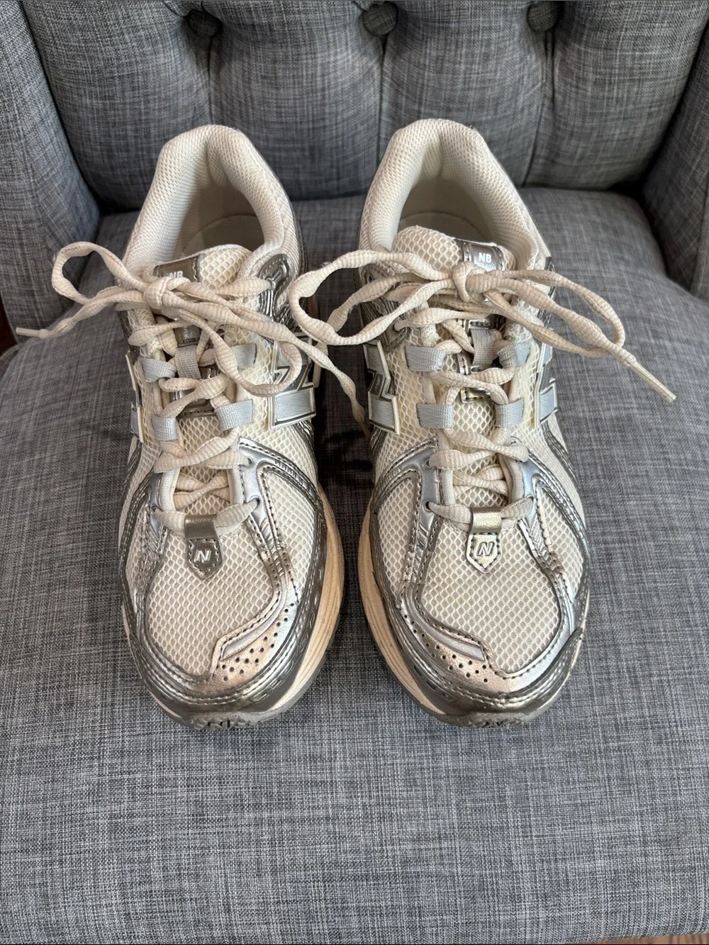 New Balance Women's Cream and Silver Athletic Sneakers